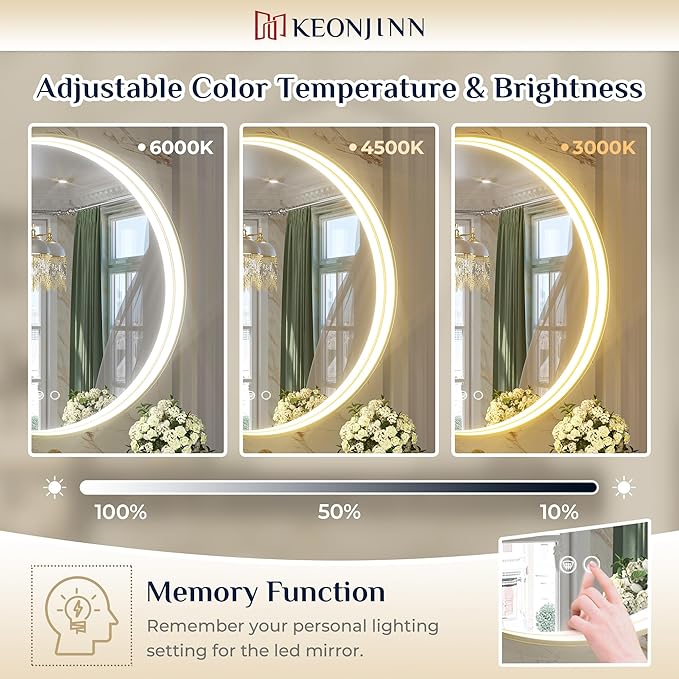 Keonjinn 32 Round LED Mirror for Bathroom with Lights, 3 Color Lights Gold Metal Framed Frontlit, Circular Wall Vanity Mirror Dimmable Makeup Mirror Anti Fog UL Listed CRI≥90