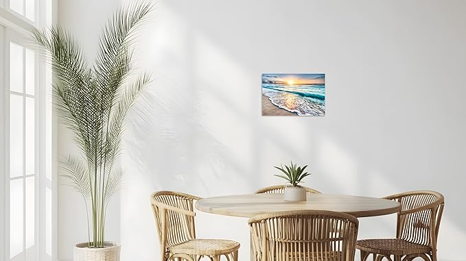 TutuBeer 1 Pcs Beach Wall Art Beach Pictures Ocean Pictures Wall Decor Blue Sea Sunset White Ocean Print on Canvas Seascape Canvas Art for Bedroom Home Decor Ready to Hang 12x18 inch