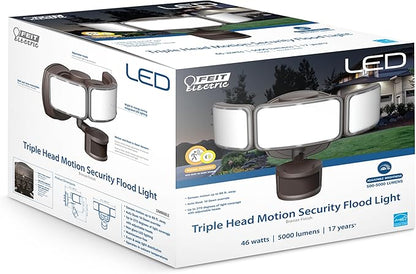 Feit Electric LED Security Light with Motion Sensor and Dusk to Dawn, Outdoor 46W Flood Light, Adjustable 3 Head, Wall Mount, 5000 Lumens, 5000k Daylight, Hardwired, Black S10.5TFL/850/MOT/BZ
