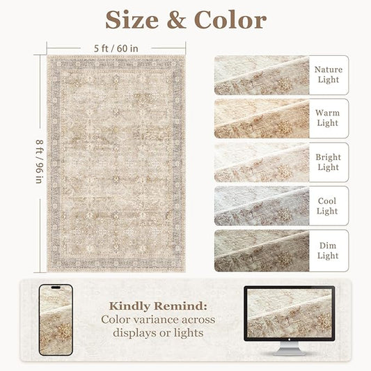 Washable Neutral 5x8 Area Rugs, Vintage Farmhouse Earth Tone Beige Taupe Carpet for Living Room Bedroom, Low Pile Thin Rug with Non Slip Rubber Backing for Dining Room Nursery Home Office