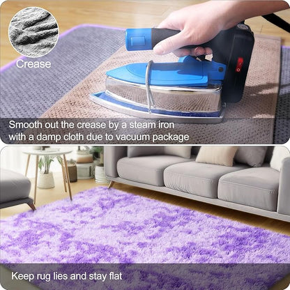 qulint 9x12 Rug for Living Room, Soft Shag Large Area Rug for Bedroom Shaggy Fluffy Nursery Carpet, Plush Fuzzy Alfombra for Boy and Girl Dorm Playroom Home Decor (9ft x 12ft, Tie-Dyed Purple)
