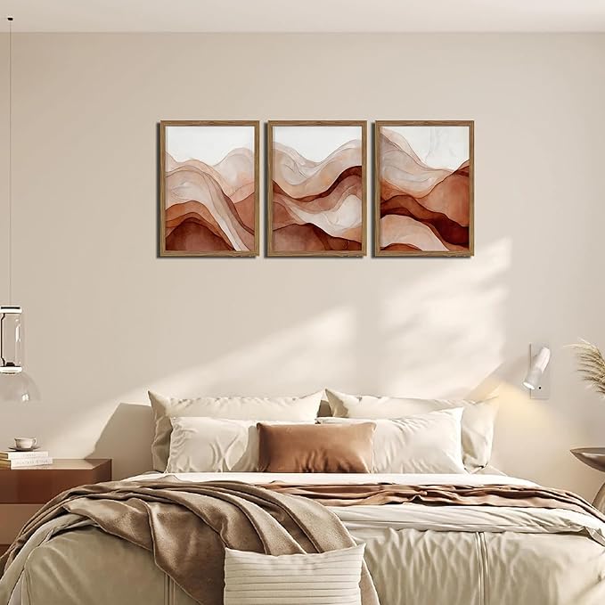 raiqtols Abstract Terracotta Watercolor Canvas Wall Art Set of 3 – Framed Boho Modern Wall Decor, Neutral Gallery Wall Art Prints with Wooden Frame for Living Room Bedroom Home Decor – 12x16in