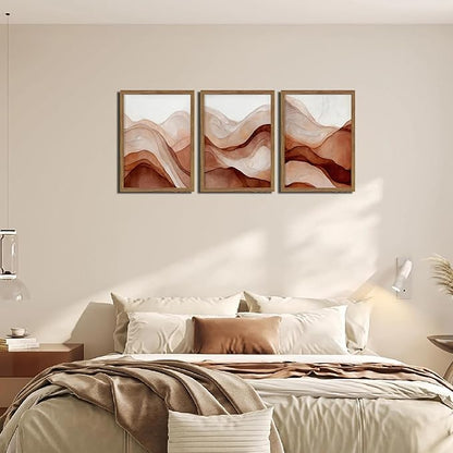 raiqtols Abstract Terracotta Watercolor Canvas Wall Art Set of 3 – Framed Boho Modern Wall Decor, Neutral Gallery Wall Art Prints with Wooden Frame for Living Room Bedroom Home Decor – 12x16in