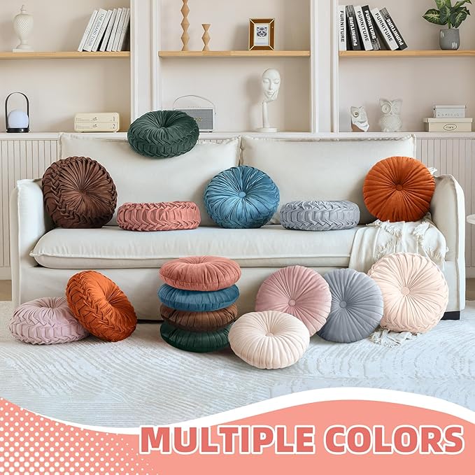 Teieas 2 Pcs Round Throw Pillows Pleated Velvet Pumpkin Round Pillows Floor Cushion for Living Room Couch Chair Bed Sofa 15.7"x15.7"/13.8" x 13.8" (Olive)