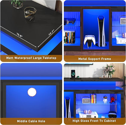 71" LED TV Stand with Power Outlet,60-Colors LED Lights For 65 70 80 in TV,High Gloss Gaming Entertainment Center w/Adjustable Shelves,Black TV Console with Modern Design for Living Room Bedroom