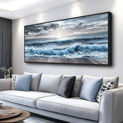 ERQINHUA Sunrise Ocean Seascape Wall Pictures Large Canvas Wall Decor For Bedroom Wall Art For Living Room Office Decor Blue Beach Sea Wave Paintings Artwork Modern Home Decor Black Framed 32x72 In