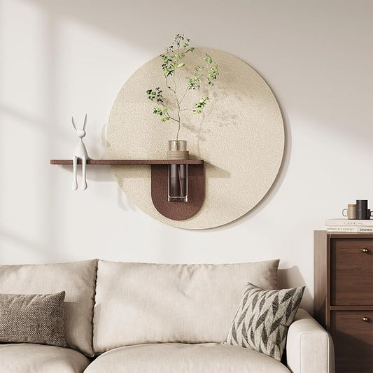 3D Textured Neutral Round Wall Art with Vase, Modern Minimalist Painting Artwork for Walls, Cream Geometric Circle Picture Wall Decor for Living Room, Hallway, Dining Room, Bedroom, Office, 24x31 Inch