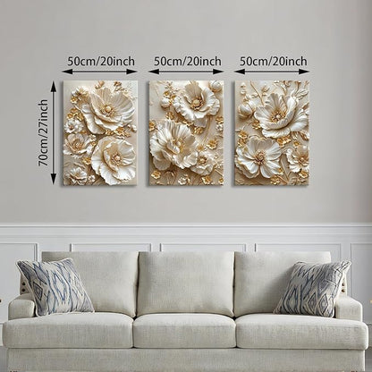3 Pcs Modern Beige Gold Peony Floral Canvas Wall Art, Neutral Elegant 3d Beige Flowers Wall Painting White Blooming Floral Pictures Posters Art Print Home Decor for Bedroom Living Room Office 20"x28"x3