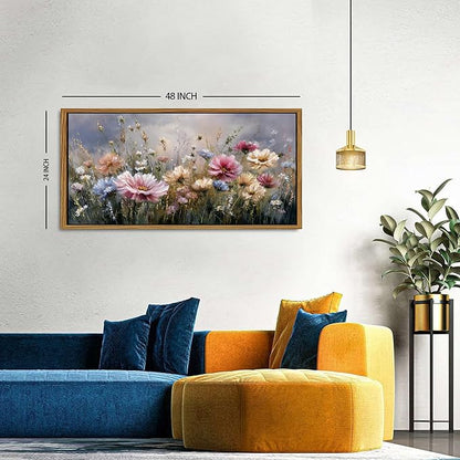 Vintage Flower Framed Canvas Wall Art Countryside Pink Wildflower Wall Decor Colorful Nature Flowers Pictures Prints Painting Farmhouse Daisy Poster Artwork for Living Room Bedroom Decoration 24x48