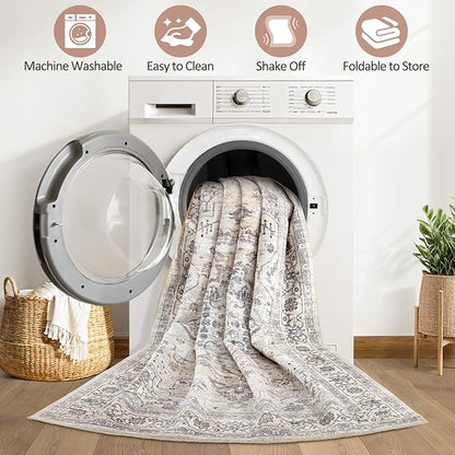 7x10 Area Rug Living Room: Washable Boho Large Neutral Vintage Soft Rugs Stain Resistant Farmhouse Non Slip Indoor Floor Carpet for Bedroom Nursery Kids Playroom Office Dining Room- Ivory Gray