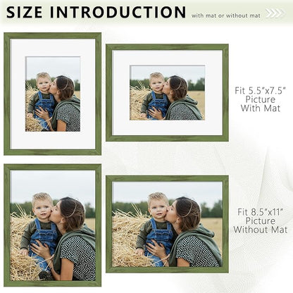 Picrit 8.5x11 Picture Frame Set of 12, Display 6x8 with Mat or 8.5 x 11 without Mat, Photo Frames for Wall Mounting or Table Top Display, Green Wood Grain