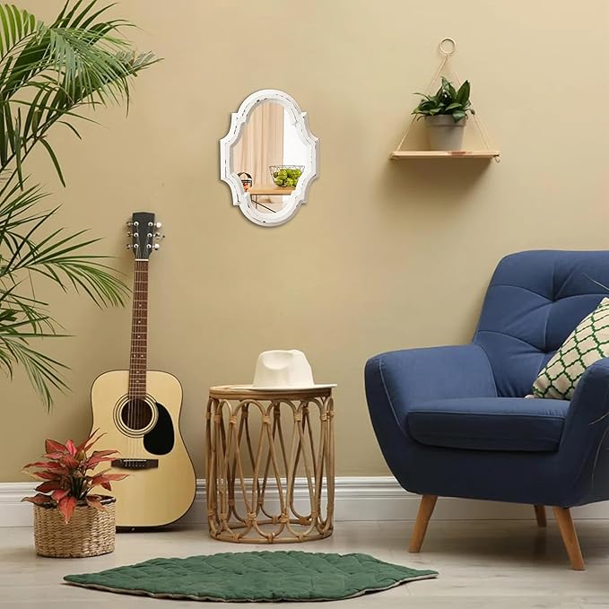 Small Vintage Oval Mirrors for Wall Decor 11 inch, Hanging Farmhouse Wood Entryway Mirror, Distressed White Rustic Scalloped Mirror, Ornate Accent Sculpted Mirrors for Living Room