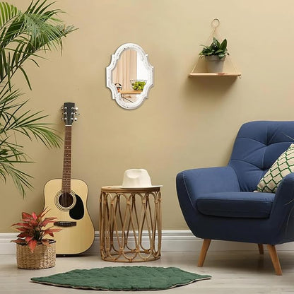 Small Vintage Oval Mirrors for Wall Decor 11 inch, Hanging Farmhouse Wood Entryway Mirror, Distressed White Rustic Scalloped Mirror, Ornate Accent Sculpted Mirrors for Living Room