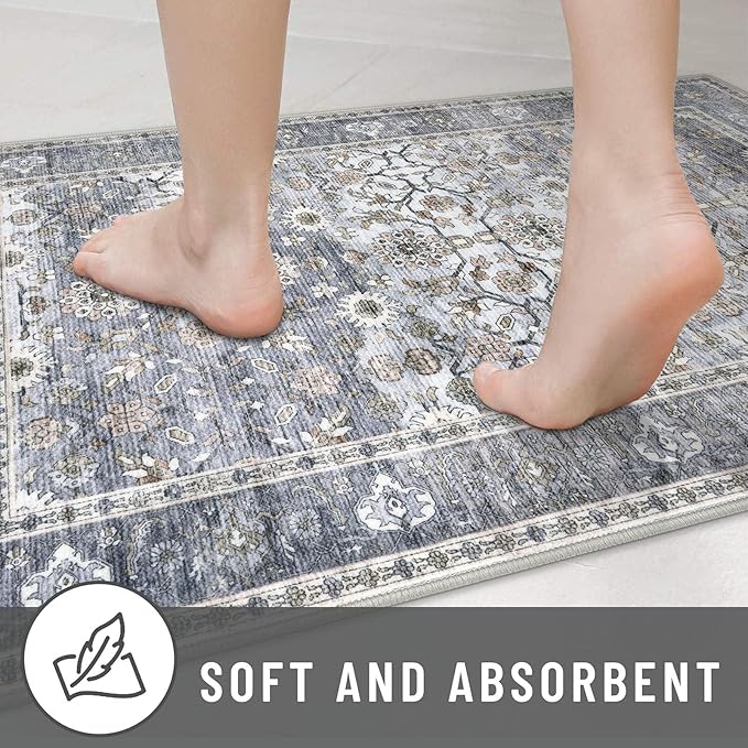 KUTA Vintage Floral Washable Hallway Runner, 2x5 Runners for Hallways Non-Slip Kitchen Rugs Grey Blue Ultra Thin Soft Printed Distressed Oriental Floor Carpet for Laundry Bedroom Living Room Nursery