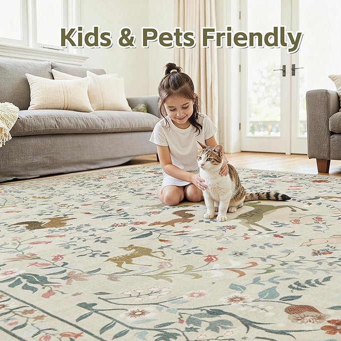 8x10 Area Rugs Washable Rug: Lagre Boho Living Room Rug Soft Non-Slip Thin Carpet Indoor Floor Non-Shedding Neutral Floral Carpets for Bedroom Dining Room Farmhouse Nursery Beige Animal