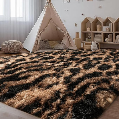 qulint Leopard Rug for Bedroom, 4x6 Fluffy Cheetah Rug for Living Room, Shaggy Fuzzy Animal Carpet Plush Alfombras para Salas Modernas for Nursery Dorm Room Home Decor (4ft x 6ft, Leopard)