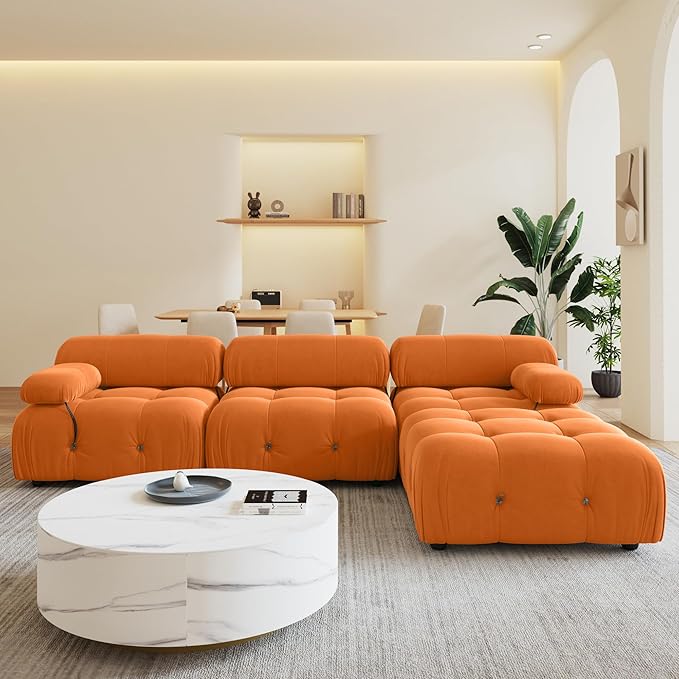 104'' Modular Sectional Sofa, L-Shaped Velvet Modular Couch with Reversible Chaise Ottoman, Modern Cloud Sectional Couches for Living Room, Apartment (3 Seats, 1 Ottoman, Orange) ﻿