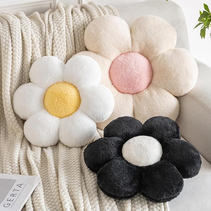 Flower Pillows, Decorative Pillows for Couch, Cute Daisy Pillow for Bed, Flower Shaped Decorative Throw Pillow Room Decor (Black, 19.6 Inches)