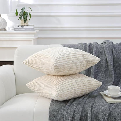 2 Pack Corduroy Decorative Throw Pillow with Inserts, 18x18 Inch Soft Boho Throw Pillow, Square Striped Throw Pillows for Couch, Bed, Sofa Decor (White)