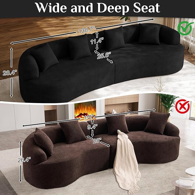 131" Oversized Sectional Sofa for Living Room, Modern Luxury Plush Chenille 4-Seater Extra Deep & Wide Seat Curved Cloud Couch with 4 Throw Pillows, No Assembly Needed (Black)