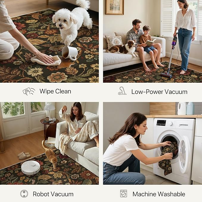 GENIMO 3X5 Washable Area Rugs for Living Room, Vintage Floral Print Non-Slip Low Pile Carpet, Stain Resistant Soft Chenille Rugs for Bedroom Dining Room Home Office, Floral Brown