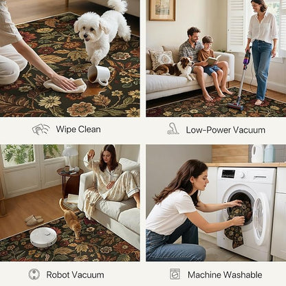 GENIMO 2X6 Washable Runner Rug for Hallway, Vintage Floral Print Non-Slip Low Pile Carpet, Stain Resistant Soft Chenille Rug for Entryway Kitchen Corridor, Floral Brown