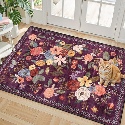 Floral Rug for Entryway, 2x3 Washable Kitchen Mat Ultra-Thin Soft, Non-Slip Indoor Door Carpet Stain Resistant Boho Small Low-Pile Throw for Bathroom Bedroom, Purple