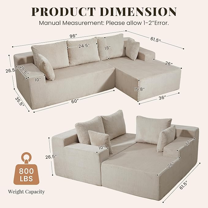 GRUSIGN Cloud Sectional Boneless Couches for Living Room, Modular L Shaped Couch with Deep Seat Oversized Right Facing Chaise, Memory Foam Compressed Spineless 3 Seater Sofa for Apartment, Taupe | No Assembly Required, Deep Seat, Cat-Claw Resistant, Hi...