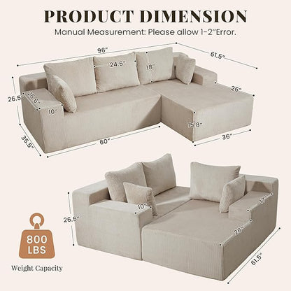 GRUSIGN Cloud Sectional Boneless Couches for Living Room, Modular L Shaped Couch with Deep Seat Oversized Right Facing Chaise, Memory Foam Compressed Spineless 3 Seater Sofa for Apartment, Taupe | No Assembly Required, Deep Seat, Cat-Claw Resistant, Hi...
