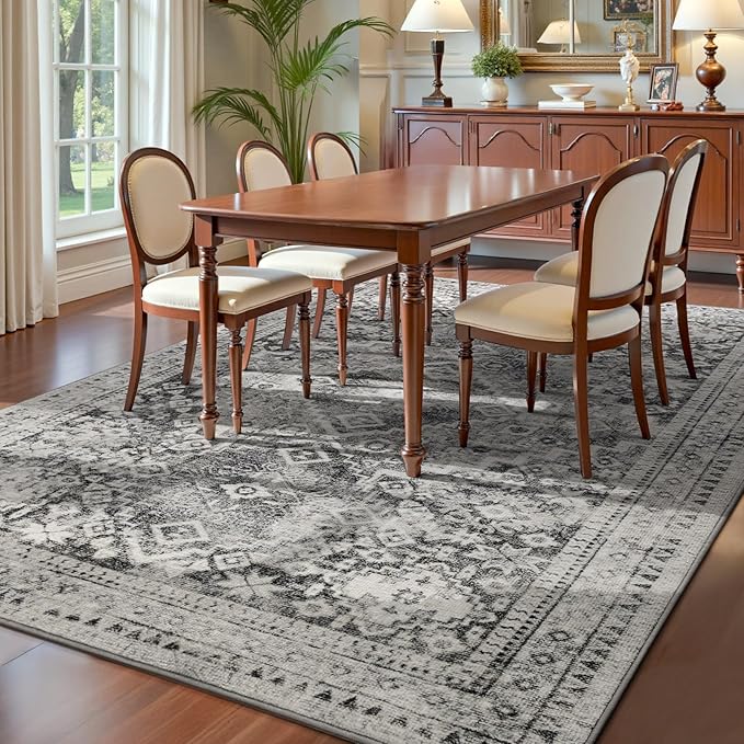YOH Boho Washable Rug 5x7, Taupe Gray Vintage Non Slip Area Rug, Distressed Indoor Carpet for Living Room Bedroom Kitchen Office