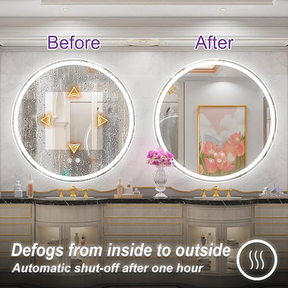 40 Inch Round LED Bathroom Mirror with Anti-Fog, Dimmable Front & Backlit Lights, 6000K Daylight, Frameless, 5mm HD Glass, Memory Function, Touch Control