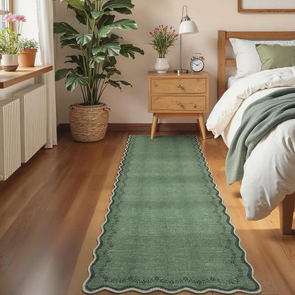 GarveeHome 2x6 Scalloped Washable Runner Rug for Kitchen, Soft Green Hallway Runner Non Slip Entryway Rug Farmhouse Thin Laundry Mat Stain Resistant Carpet for Bedroom Bathroom Beside Rug