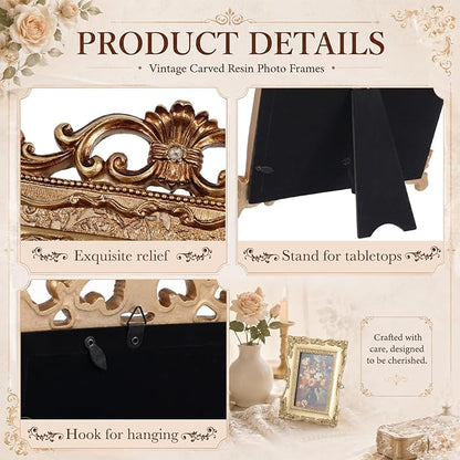 Wonderjune 5 Pcs Large Vintage Picture Frames Set with Glass Front Antique Gold Gallery Wall Frames 11x14, 8x10, 7x9, 4x6, Baroque for Home Decor Photography Props Gifts, Wall or Tabletop