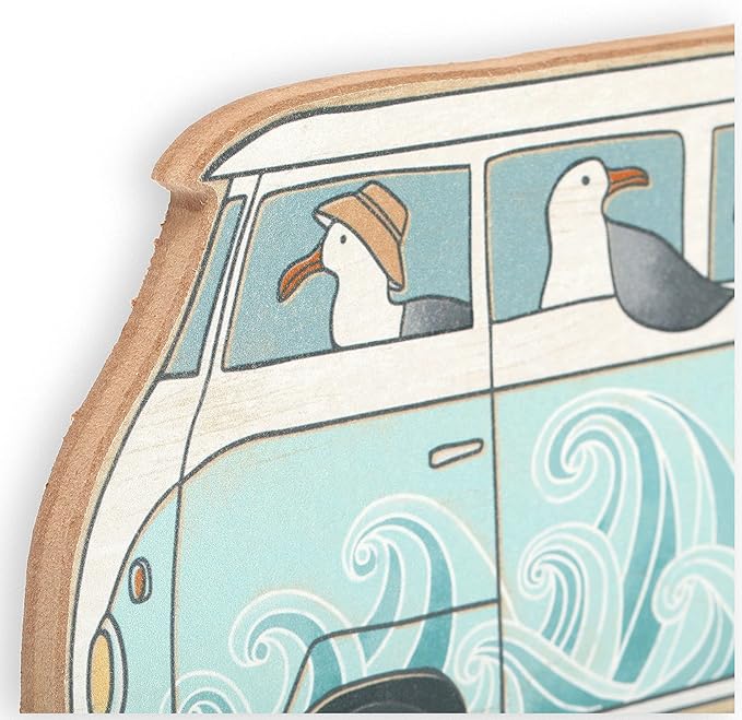 Open Road Brands Seagulls On A Bus Retro Wood Wall Decor - Beachy Wall Art for Bathroom, Living Room, or Sunroom