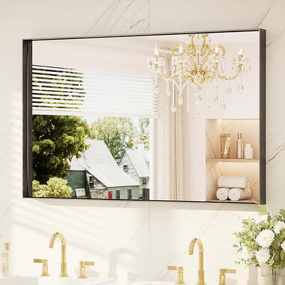 TETOTE Black Mirror for Bathroom 48" x 30" Matte Black Frame Bathroom Vanity Mirror for Over Sink, Tempered Glass, Modern Farmhouse Rectangle Wall Mirrors for Living Room, Bedroom, Entryway