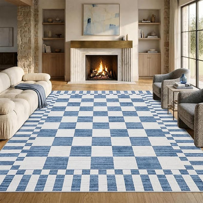 GarveeHome 8×10 Area Rugs for Living Room,Dark Blue Checkered Rug，Modern Non-Slip Washable Farmhouse Geometric Checkerboard Rugs for Bedroom Dining Room Office