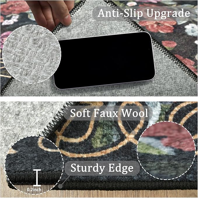 8x10 Machine Washable Area Rug for Living Room, Dark Blue Black Vintage Boho Floral Rug Large Non-Slip Low Pile Soft Faux Wool Carpet Kids and Pets Friendly for Bedroom Dining Room Farmhouse Decor Rug