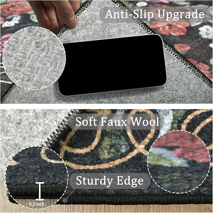 8x10 Machine Washable Area Rug for Living Room, Dark Blue Black Vintage Boho Floral Rug Large Non-Slip Low Pile Soft Faux Wool Carpet Kids and Pets Friendly for Bedroom Dining Room Farmhouse Decor Rug
