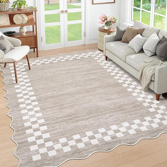 Small Bedroom Area Rug 3x5 Checkered Area Rug for Living Room Nursery Non Slip Kitchen Throw Carpet Low Pile Modern Bordered Rugs Washable Bathroom Mat Soft Brown Rugs for Laundry Entryway, Fog