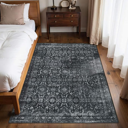 Rugxara 4x6 Rug for Living Room Bedroom, Black Washable Throw Rugs, Vintage Retro Boho Area Rugs, Non Slip & Low Pile Accent Throw Carpet for Indoor Dining Room, Kids Room and Office(Black 4x6ft)