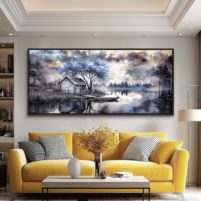 ERQINHUA Large Canvas Blue Tree Lakeside Landscape Painting Wall Decor For Living Room Restaurant Wall Art For Office Bedroom Artwork Pictures Modern Home Decor Ready To Hang Black Framed 32x72 In