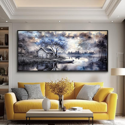 ERQINHUA Large Canvas Blue Tree Lakeside Landscape Painting Wall Decor For Living Room Restaurant Wall Art For Office Bedroom Artwork Pictures Modern Home Decor Ready To Hang Black Framed 32x72 In