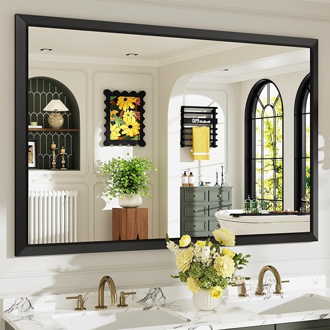 60x40 Inch Black Bathroom Mirror for Wall, Beveled Framed Rectangle Bathroom Vanity Mirrors for Over Sink, Bedroom, Living Room, Entryway, Anti-Rust, HD Tempered Glass, Horizontally/Vertically