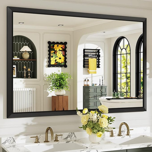 60x40 Inch Black Bathroom Mirror for Wall, Beveled Framed Rectangle Bathroom Vanity Mirrors for Over Sink, Bedroom, Living Room, Entryway, Anti-Rust, HD Tempered Glass, Horizontally/Vertically