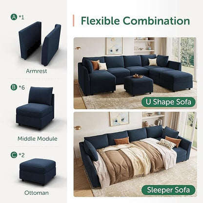 HONBAY Modular Sectional Sleeper Sofa Velvet Sleeper Couch with Storage Seats Oversized Sectional for Living Room,Dark Blue