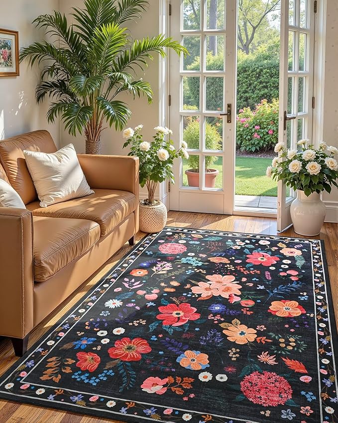 Macgace Black Floral Rug for Girls Bedroom, 4x6 Machine Washable Area Rugs with Non Slip Backingfor Living Room, Cute Flowers Carpet Kitchen Dining Room Kids Playroom Decor