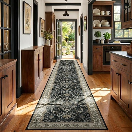 RELEANY Area Rugs 3'x20' Runner Rug Non Slip Washable for Kitchen Hallway Bedroom Beside Laundry Room Bathroom Rug, Floor Carpet, Vintage Black Brown Neutral