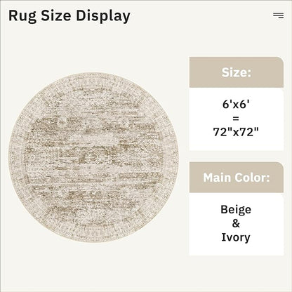 Soalmost 6x6 Brown Round Rug 6ft Living Room Circle Rug Vintage Round Area Rug Non Slip Indoor Carpet for Dining Room Bedroom
