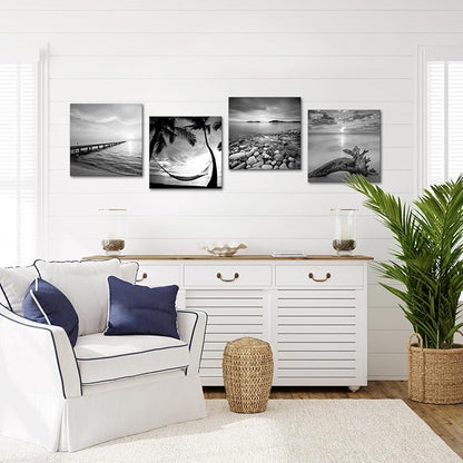 sechars - Black and White Beach Pictures Wall Art Sunrise on Sea Scenery Painting Giclee Canvas Print Stretched for Bathroom Room Living Room Office Wall Decoration