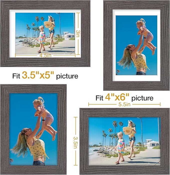 Vittanly 4x6 Picture Frames Set of 9, Display 3.5x5 Pictures with Mat or 4x6 without Mat, Photo Frames for Wall or Tabletop with Plexiglass, Engineered Wood, Dark Grey